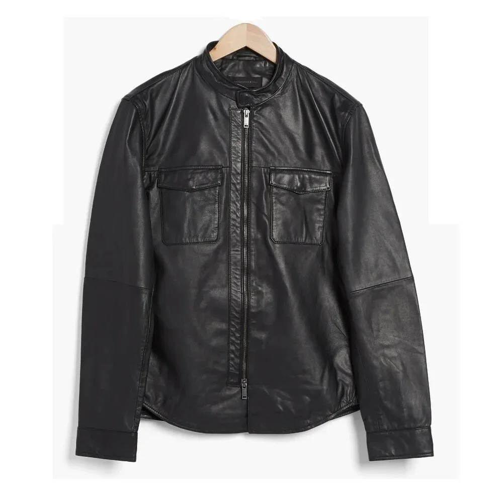 John Varvatos Men's Steve Leather Shirt Jacket Racer Collar Snap/Zip Front Black - Picture 5 of 6